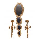 Giltwood Wall Sconces + Gilded Mirror
