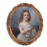 19th C Pastel of Young Girl, Oval Framed