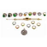 Jade & Gold Tone Rings, Silver Pendant, & More