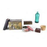 Antique Tins, Mold, Bottle, Buttons, Map Book