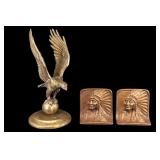 Cast Iron Native American Bookends, Brass Eagle