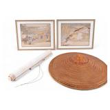 Japanese Silk Scroll Conical Hat, and Embroidery