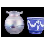 Loetz Iridescent Glass Pitcher, Wedgwood Planter