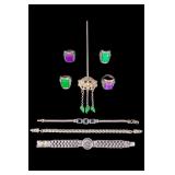 Silver Tone Bracelets, Hair Pin, and Jade Rings