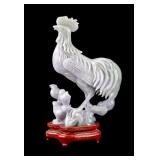 Carved Lavender Jade Rooster on Lacquered Base