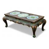Asian Black Lacquer Inlaid Enamel Table
