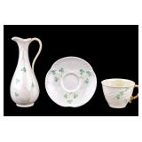Belleek Shamrock Porcelain Pitcher, Cup, Saucer
