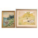 Signed Nature and Hunting Dog Framed Watercolors