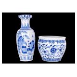 Asian Blue & White Planter + Baluster Vase