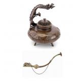 Asian Bronze Tripod Censer, Dragon-Form Horn