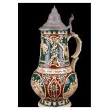 Large German Pottery Beer Stein w/ Pewter Lid