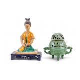 Tang Ceramic Statuette & Celadon Dragon Censer