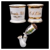 Antique Porcelain Shaving Mugs & Painted Pipe