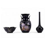 Black Porcelain Vases & Bowl, Unusual Shapes
