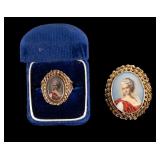 14K Gold Painted Porcelain Brooch, Ring Set