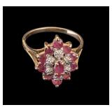 14K Gold Ruby and Diamond Cluster Ring