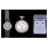 Antique Elgin Pocket Watch, 14K G Emerald Earrings