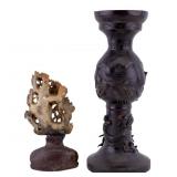 Chinese Bronze Figural Vase and Carved Soapstone