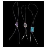 Native Bolos, Two Sterling Silver one marked S.S..