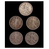 5 Walking Liberty Silver Half Dollars c1917-46