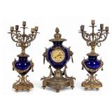Antique Bronze Candelabras and Porcelain Clock Set