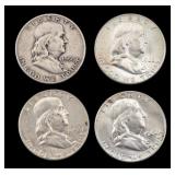 Four Franklin Half Dollar Coins, 1950-1962