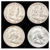 Four U.S. Franklin Half Dollars, 1951-1962