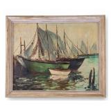 Framed Harber Scene Oil Painting