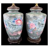 Pair, Asian Style Porcelain Lidded Vases / Lamps