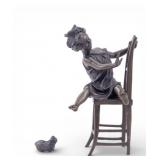 Signed Bronze Girl With Cat