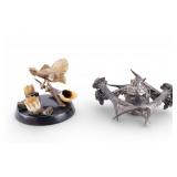 Vintage Inkwells w/Carved Horn & Figural Pot Metal