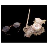 Mabie Todd Dip Pen, Inkwell, GF Spectacles