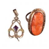 10K Gold Coral Cameo Ring, Gold Amethyst Pendant