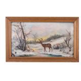 Oil on Canvas Winter Landscape with Deer