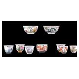 6 Asian Teacups and 3 Bowls with Marks