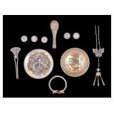 Chinese Silver Tone Hair Pins, Coins, and Dishes