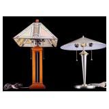 Contemporary Table Lamps, One With Leaded Glass Sh