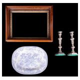 Transferware Platter, Candlesticks, & Frame