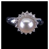 14K White Gold Pearl and Diamond Ring