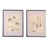 Pair of Bene Signed c 1950 Ink Drawings