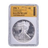 1986-S Silver Eagle Dollar Proof, SGS PR70 CAM