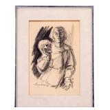 Signed 1960 Charcoal Drawing of Hamlet