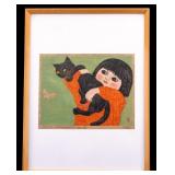 Gyojin Murakami 'Girl and Cat' Woodblock Print