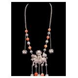 Chinese Qing Quilin Carnelian and Silver Necklace