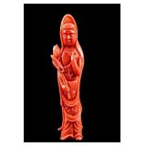 Asian Carved Natural Red Coral Figure of Kwan Yin