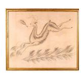 19th C Calligraphic Drawing of Deer