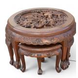 High Relief Chinese Carved Table w/ Nesting Stools