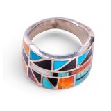Vintage Inlaid Turquoise Coral Onyx Ring