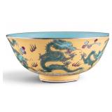 Chinese Famille Jaune Porcelain Dragon Bowl