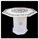 Marble Pedestal Table w/ Semi-Precious Stone Inlay